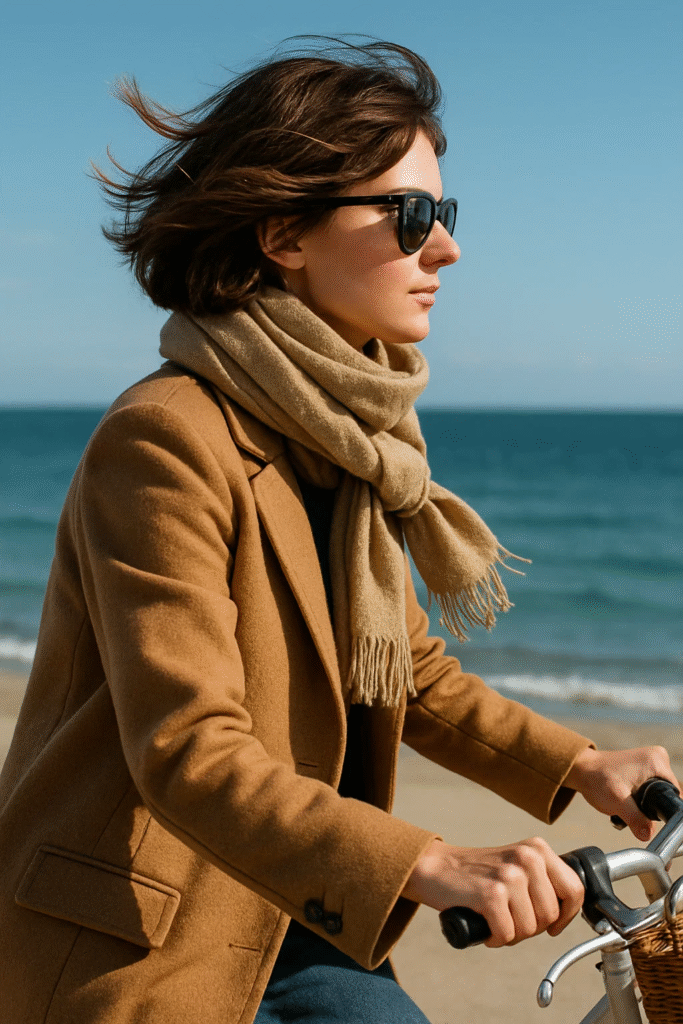Layered lob styled in windswept Fisherman Chic aesthetic