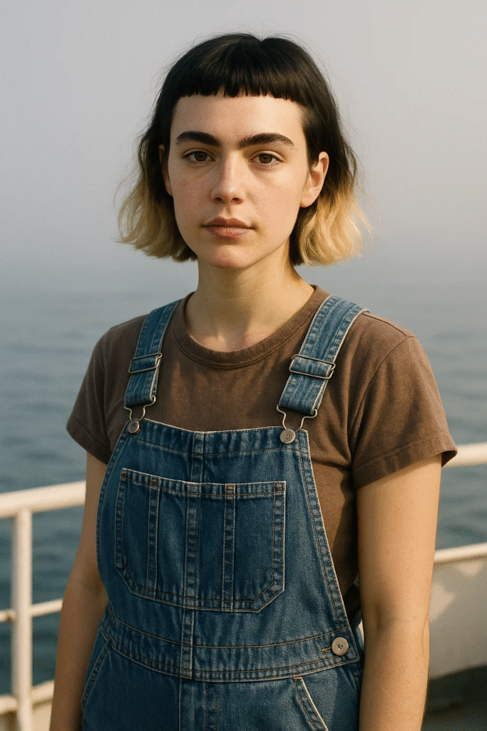 Sun-bleached baby bangs styled in coastal Fisherman Chic look