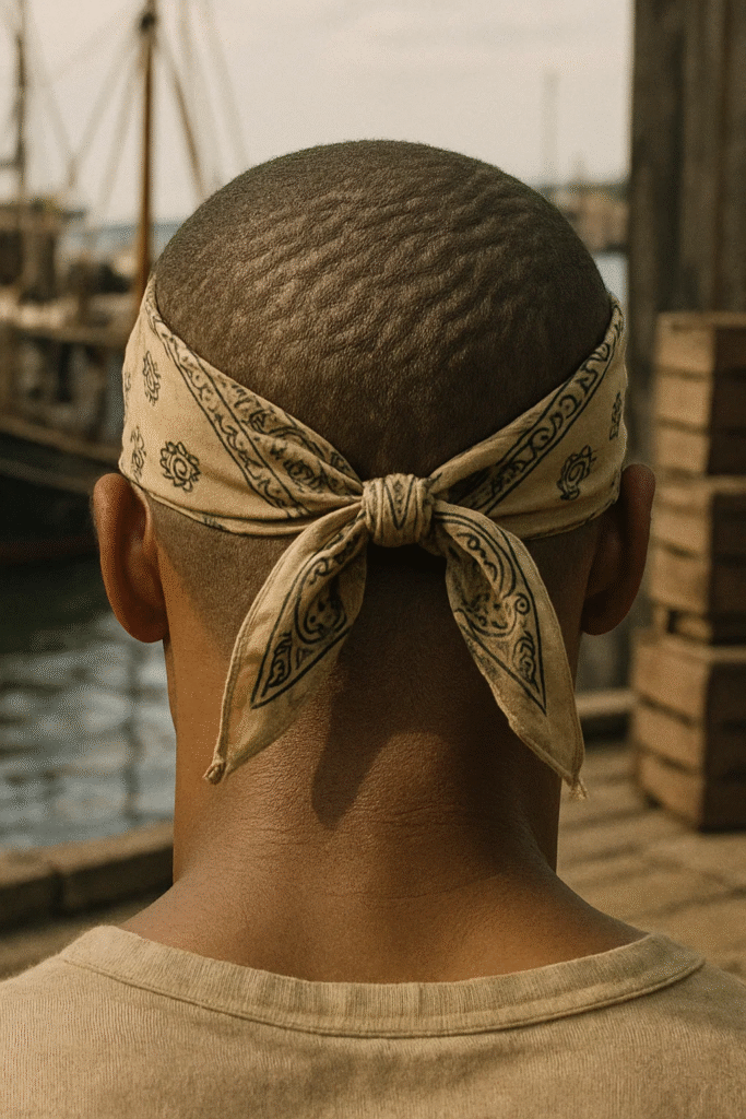 Buzz cut styled with bandana in Fisherman Chic fashion