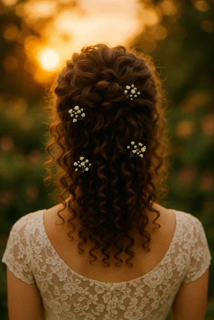 Half updo with natural curls and baby’s breath