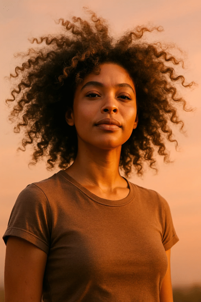 Frizz‑Celebrating Cloud Curls on a confident woman in golden-hour glow