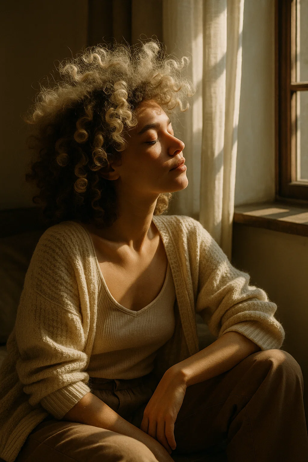 Woman air-drying Frizz‑Celebrating Cloud Curls near sunlit window