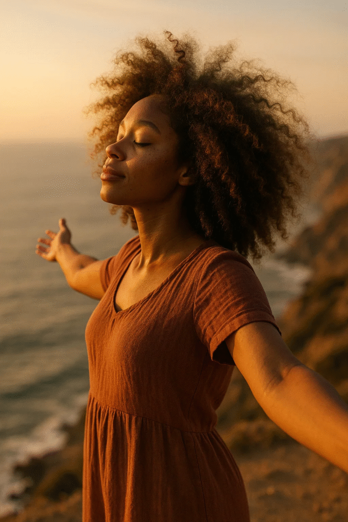 Woman air-drying Frizz‑Celebrating Cloud Curls near sunlit window