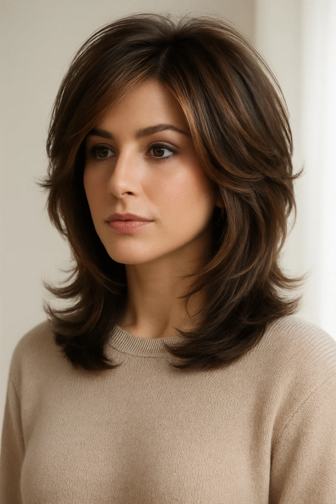 Modern Rachel haircut revival with feathered layers and caramel highlights