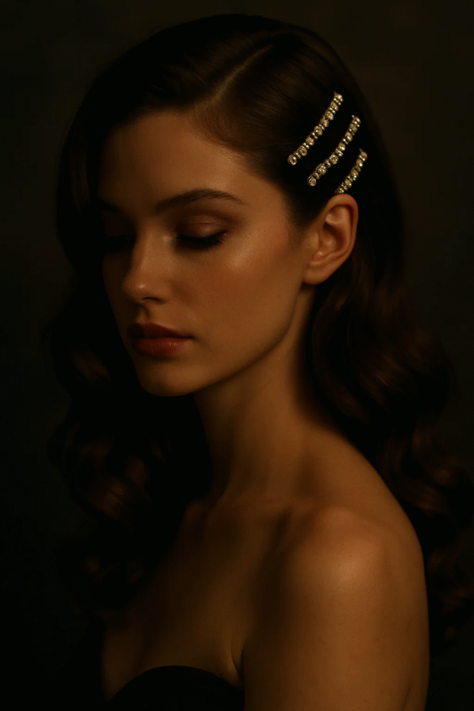 Side-parted bridesmaid hairstyle with sparkling pins