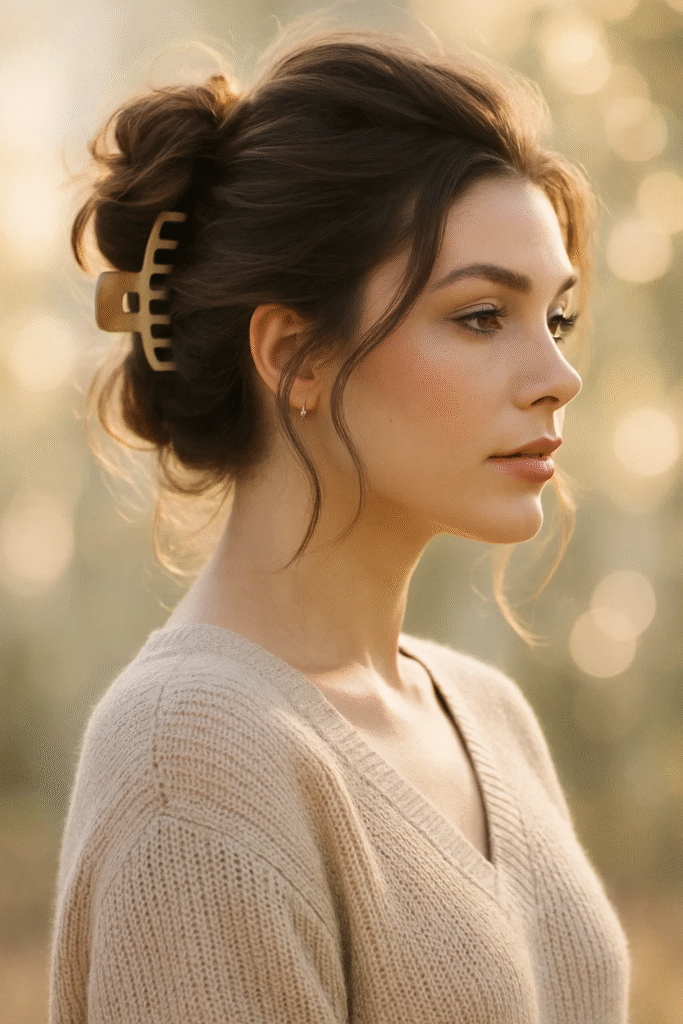 Modern brunette woman wearing a claw clip hairstyle, cozy 2025 look in natural light.