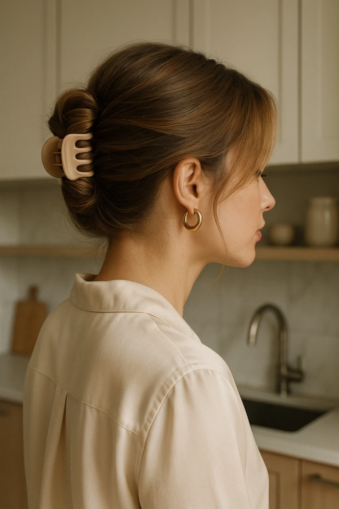 Light brown French tuck Claw Clip Hairstyles with a soft, effortless look.
