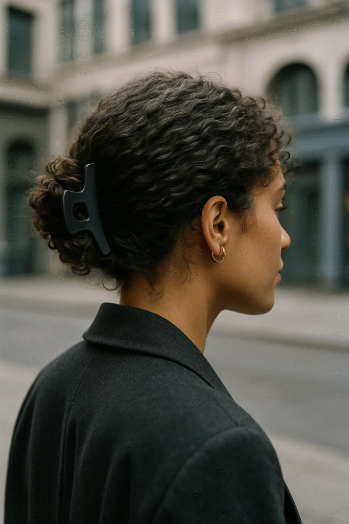 Curly claw clip bun style perfect for thick hair in 2025.