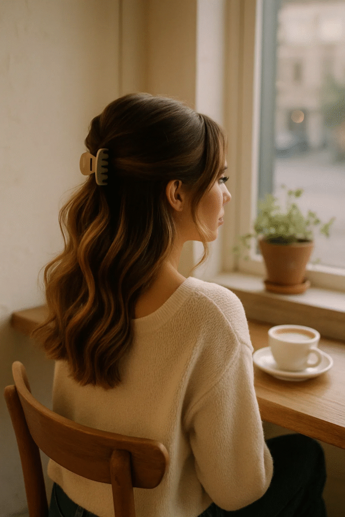 Half-up claw clip hairstyle with balayage tones.