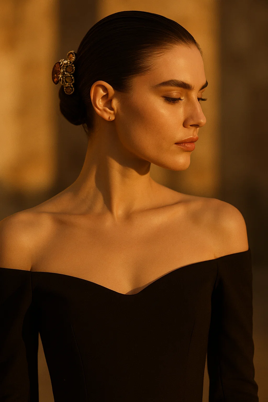 Sleek claw clip style with a side part for night events.