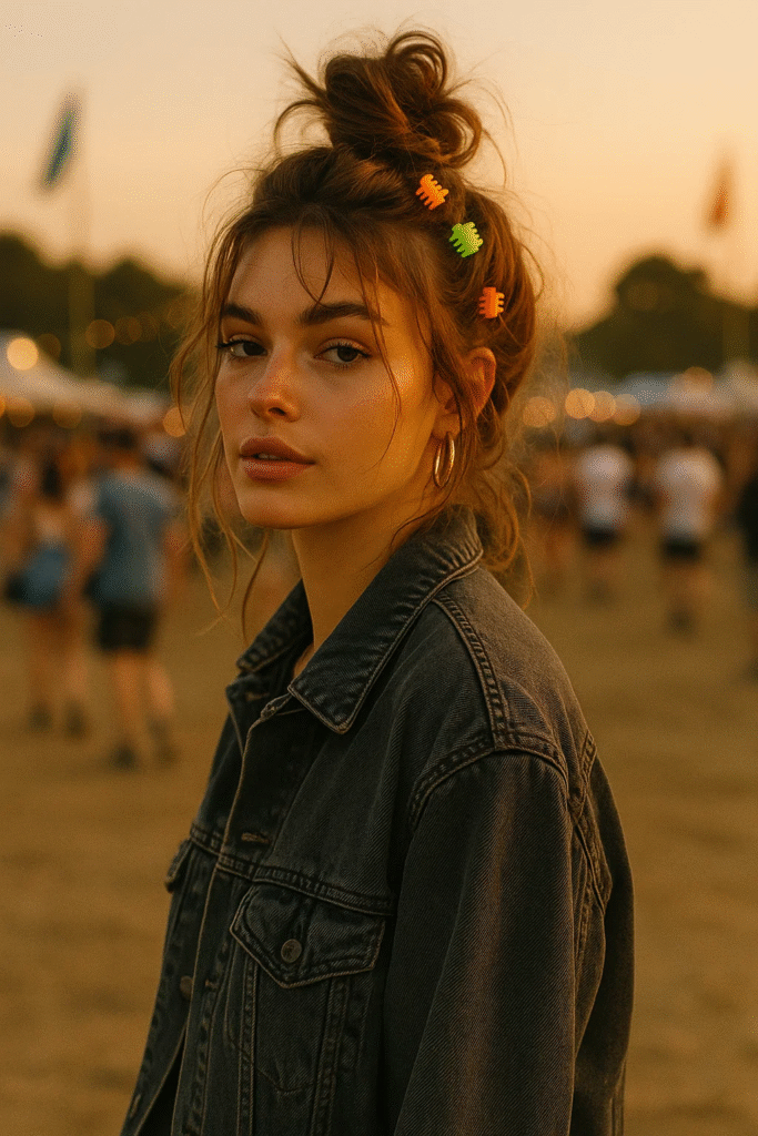 Mini claw clip top knot hairstyle for festivals.