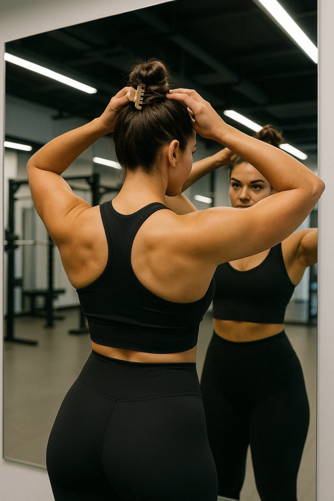 Functional claw clip hairstyle for workouts and gym days.