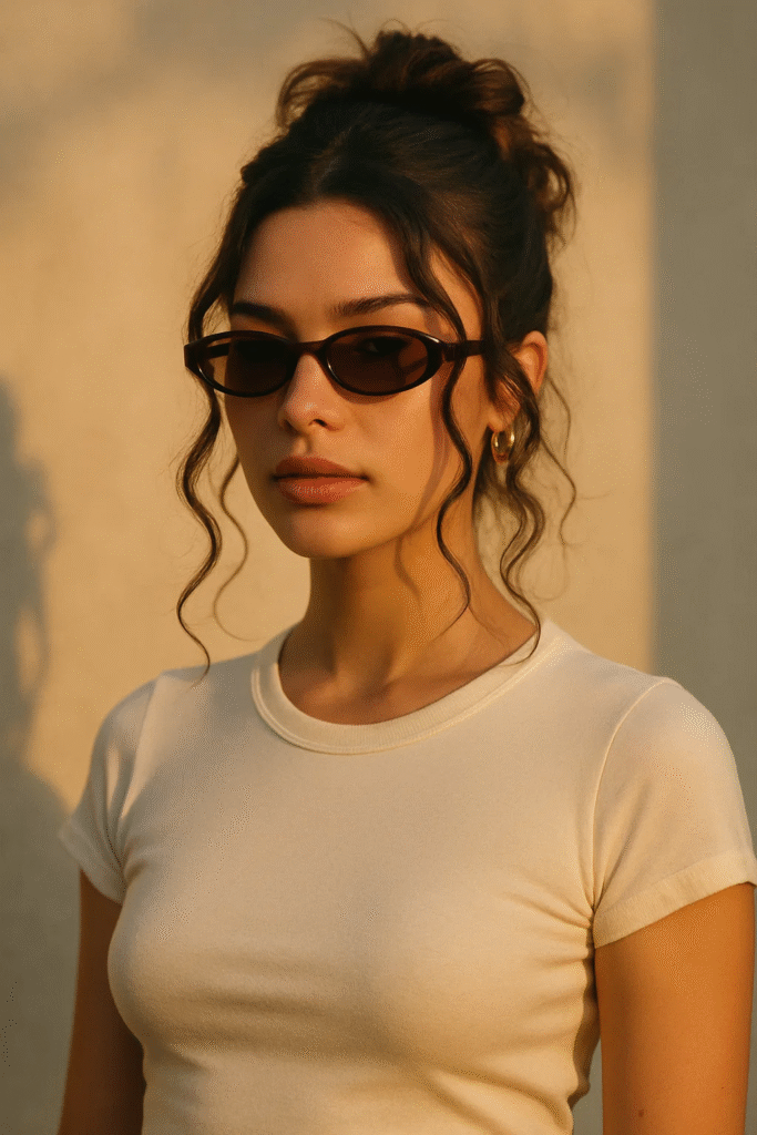 Y2K-inspired face framing updo hairstyle with vintage sunglasses and tendrils.

