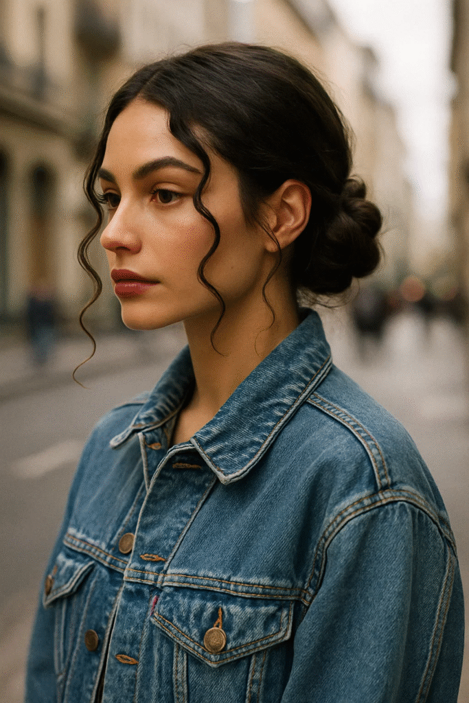 Low twisted bun with curled face-framing tendrils — modern Y2K elegance.