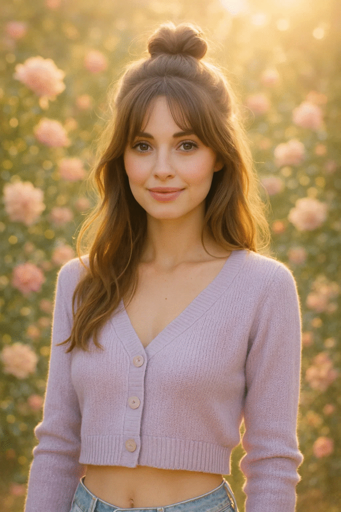Half-up face framing updo with curtain bangs for soft dimension.