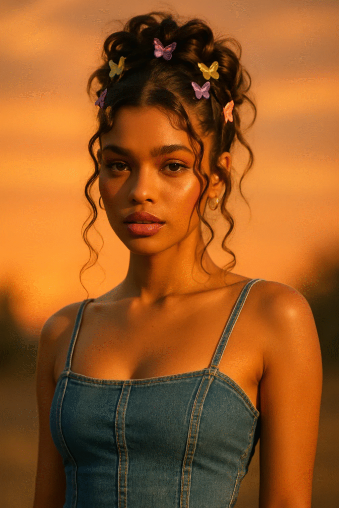 Face framing updo with butterfly clips and baby strands for a playful Y2K look.