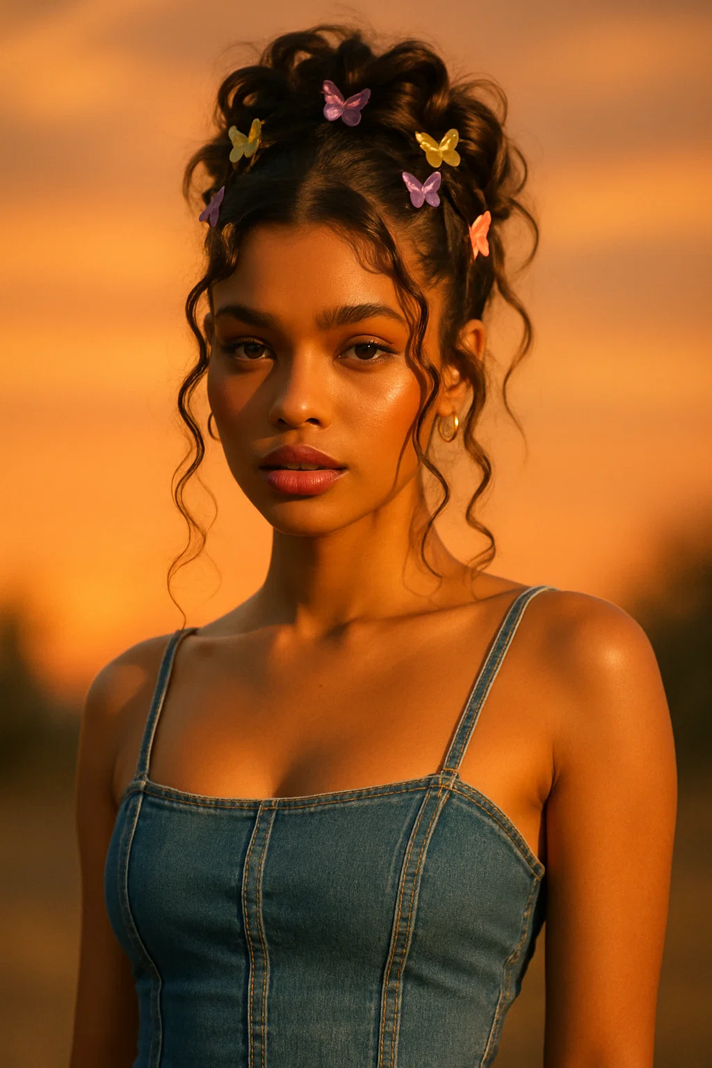 Face framing updo with butterfly clips and baby strands for a playful Y2K look.