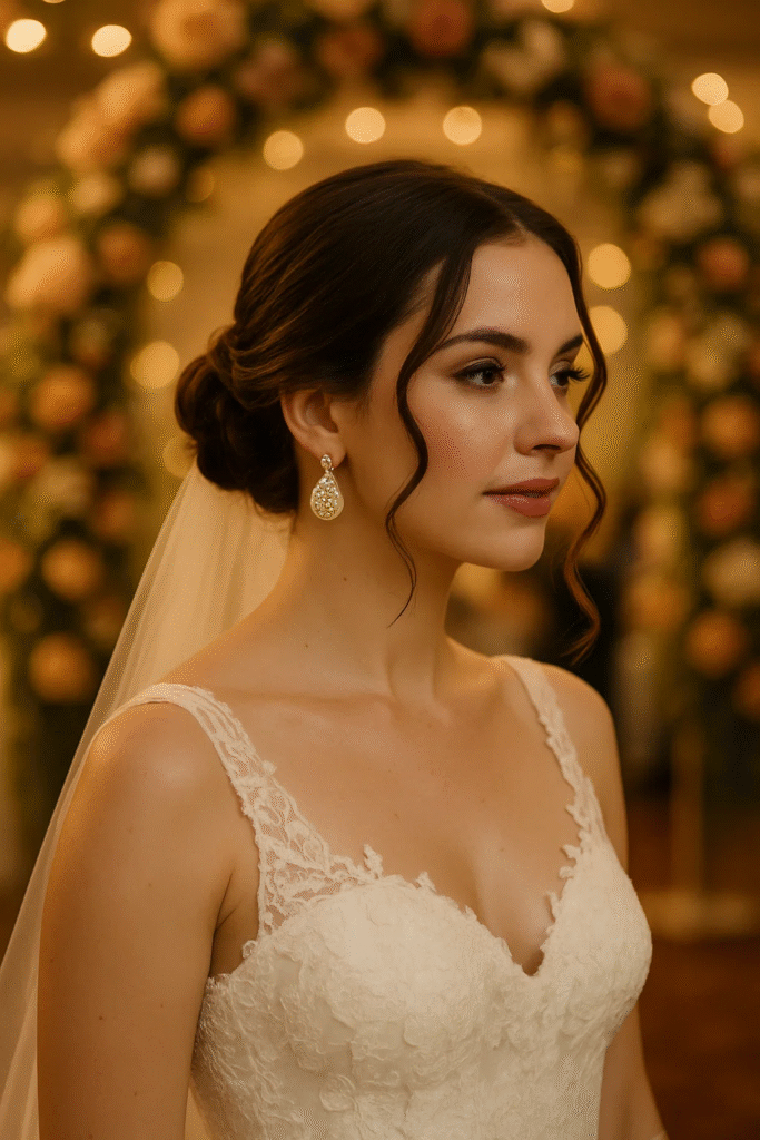 Elegant face framing updo for weddings or formal events.