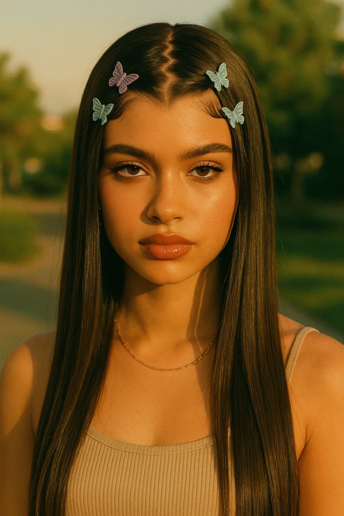 Zig zag part hairstyle with butterfly clips styled in a sleek Y2K look.