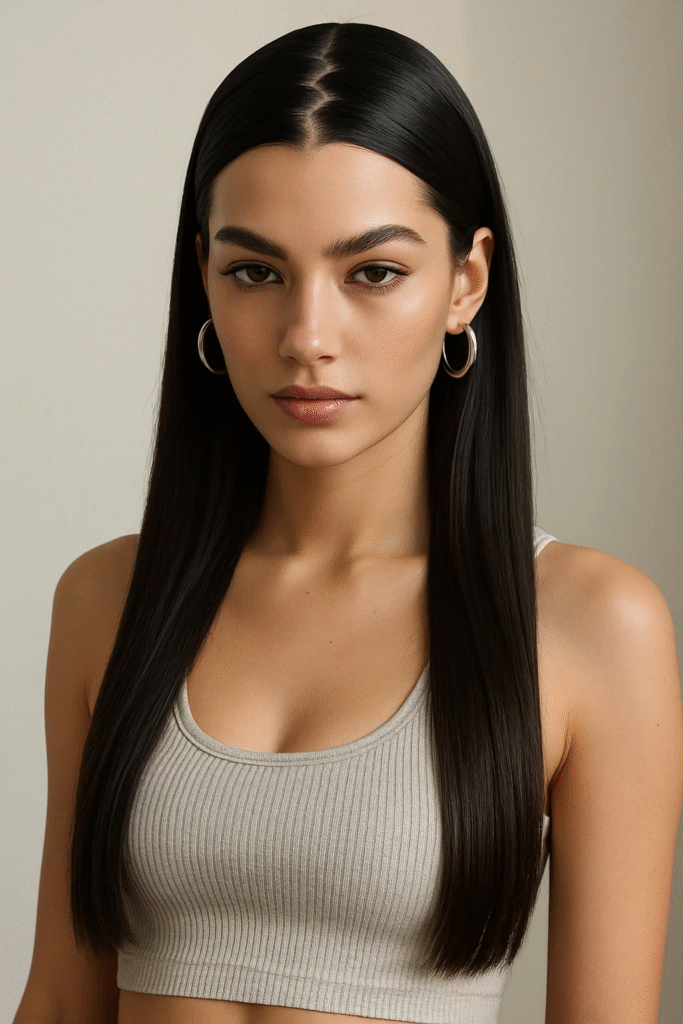 Sleek zig zag part hairstyle with straight hair and Y2K vibes.
