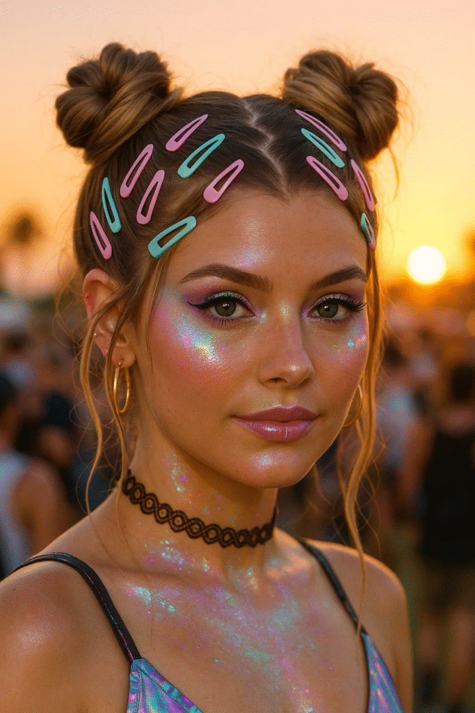 Zig zag part hairstyle with space buns and Y2K accessories.