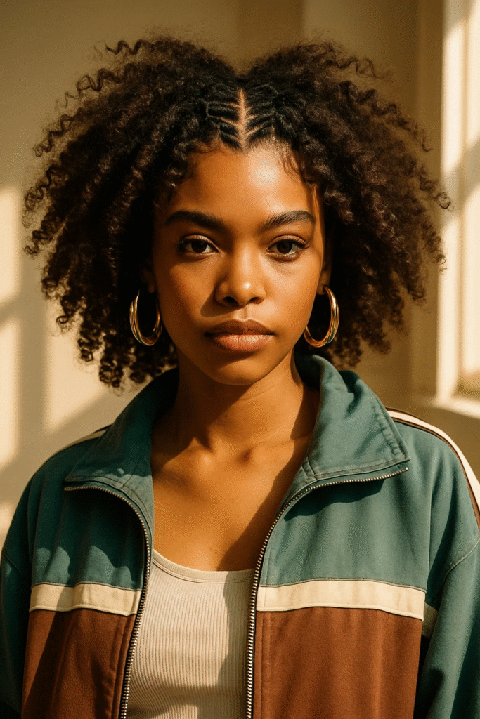 Natural curly hair styled with a zig zag part at the crown.