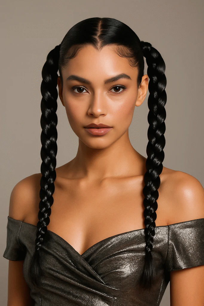 Braided zig zag part hairstyle with pigtails for a sleek twist.