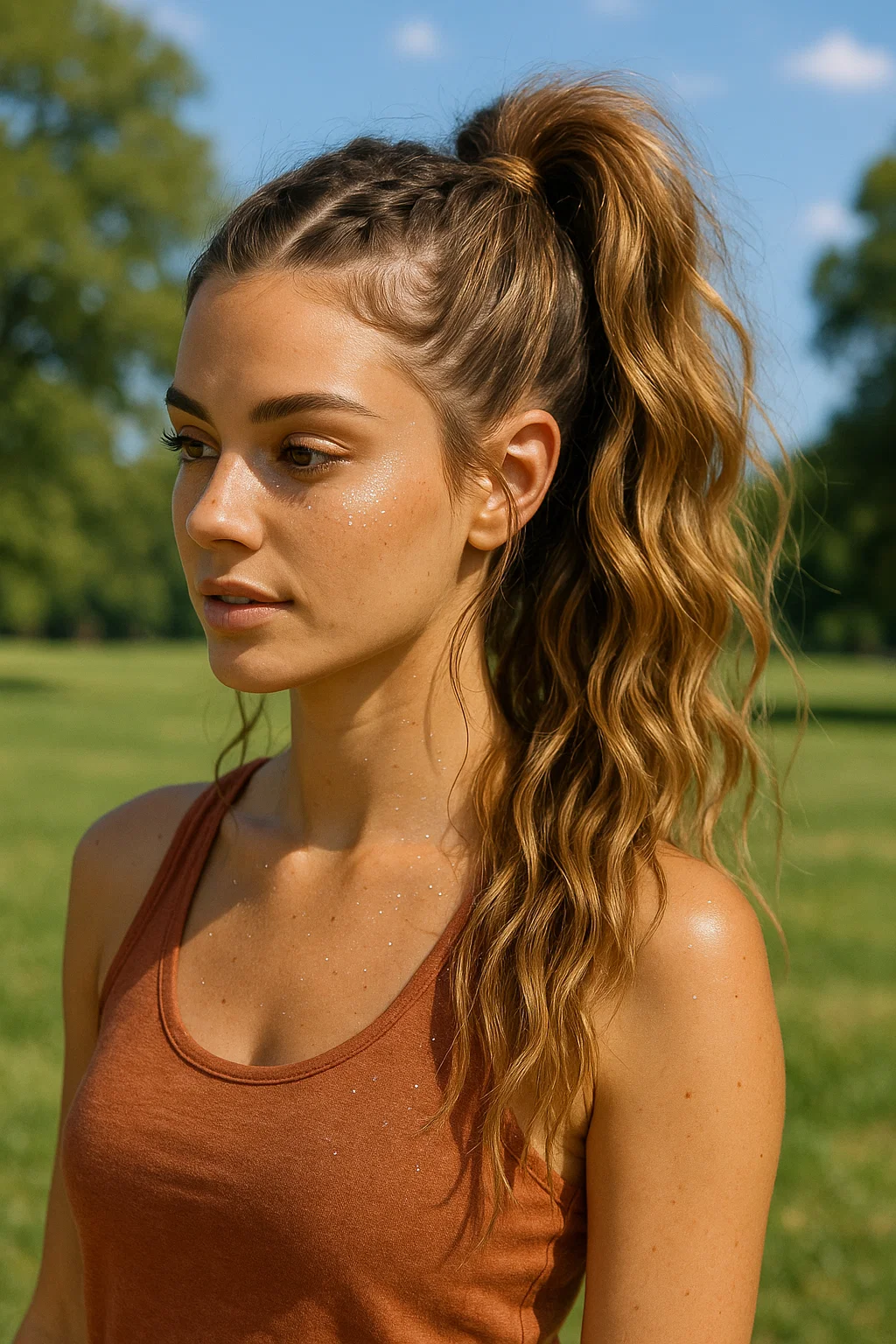 Zig zag part half-up ponytail with soft waves — perfect Y2K summer look.