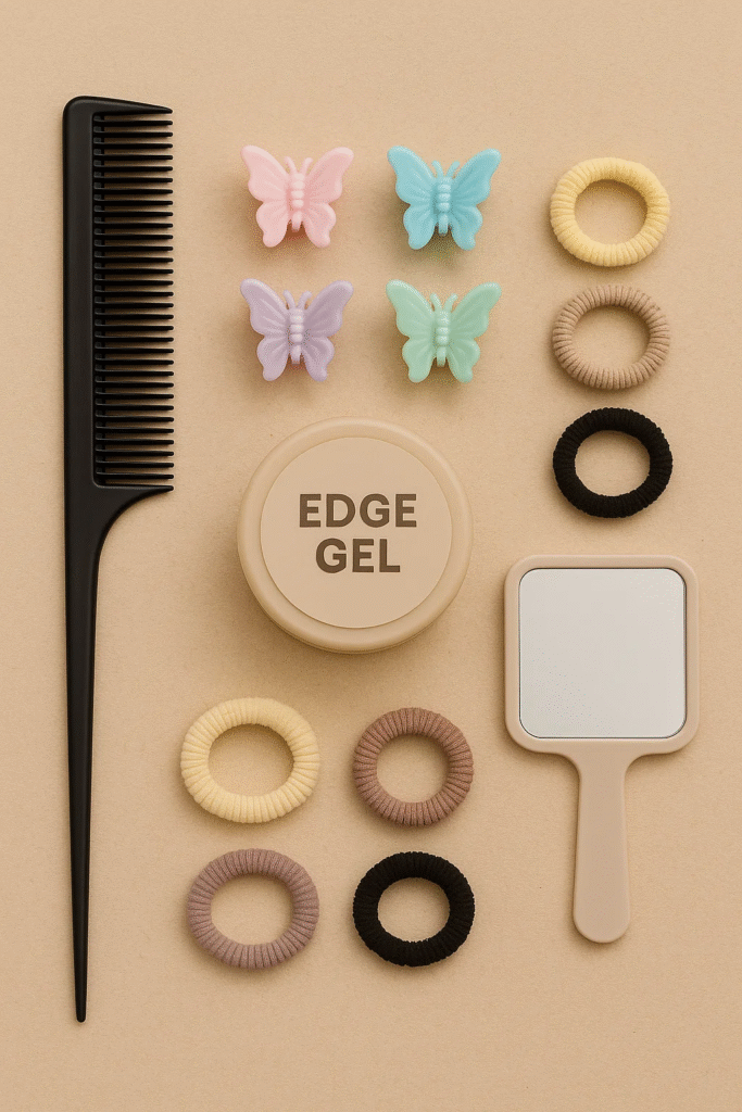 Zig zag part hairstyle accessories including clips, combs, and styling gel.