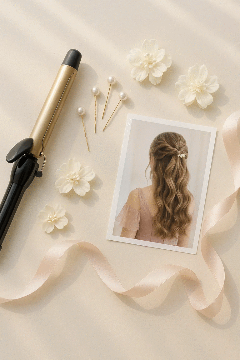 Flat lay of accessories for half up half down bridesmaid hairstyle