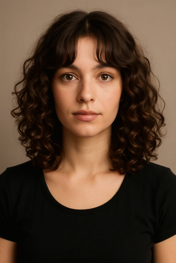 Shoulder length curls with curtain bangs
