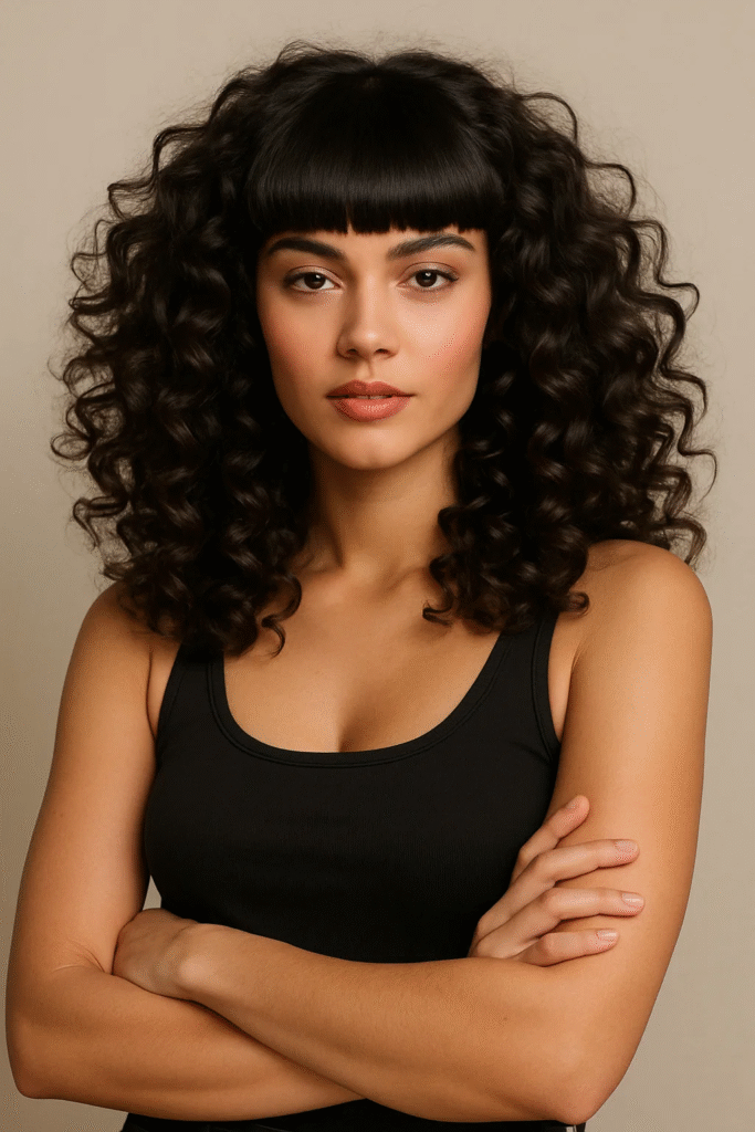 Curly hair with blunt bangs and shoulder length cut