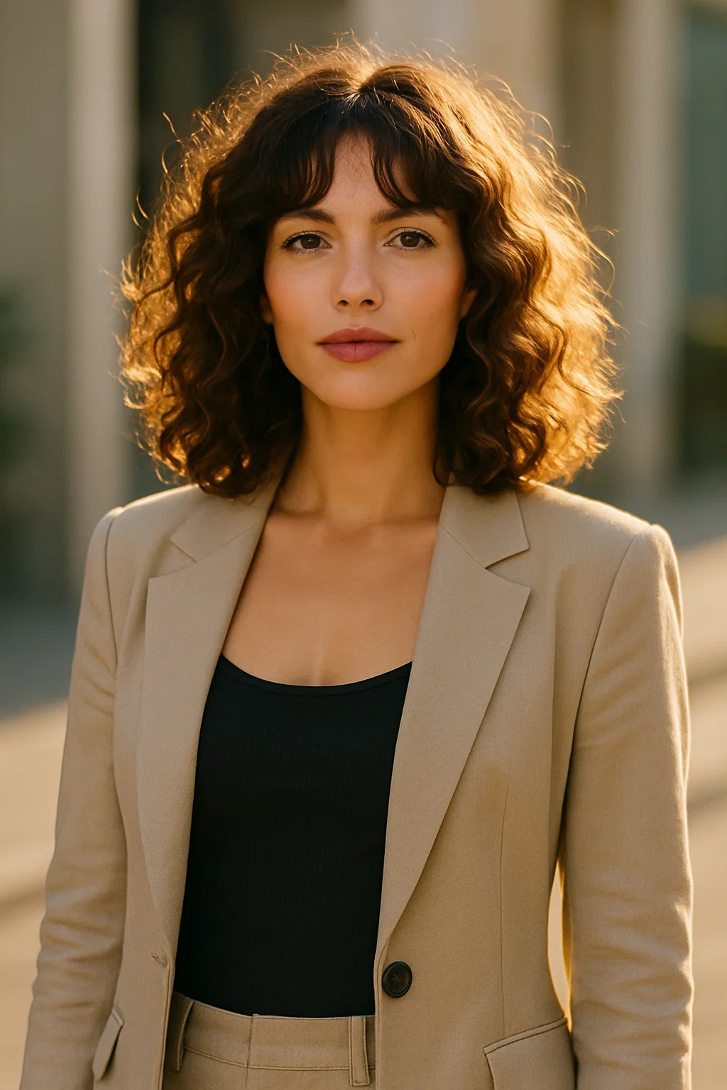 Woman with shoulder-length curly hair and bangs in sunlight