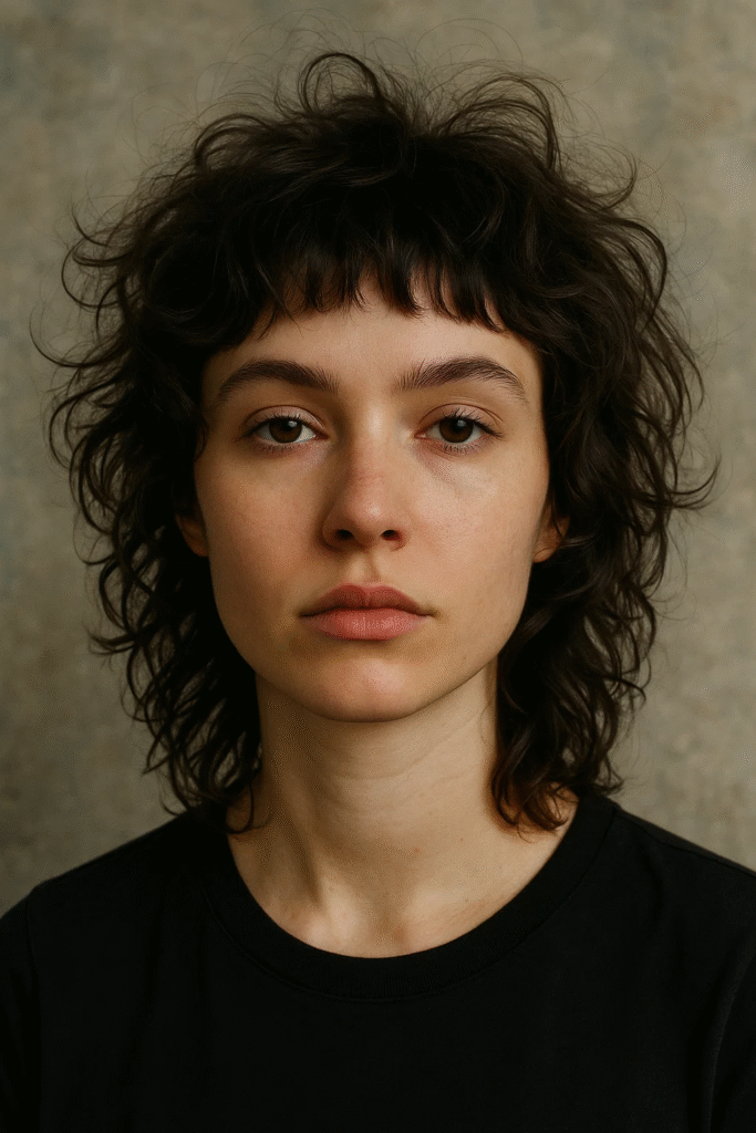Shag haircut with curly fringe for medium curls