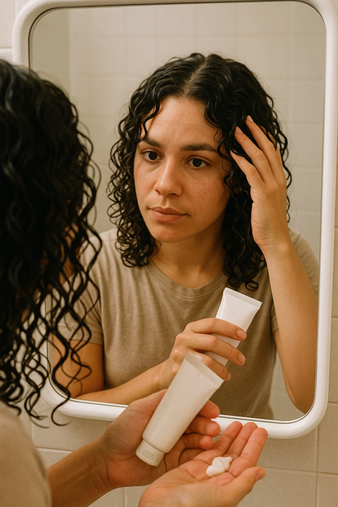 Applying curl cream to shoulder length curly hair