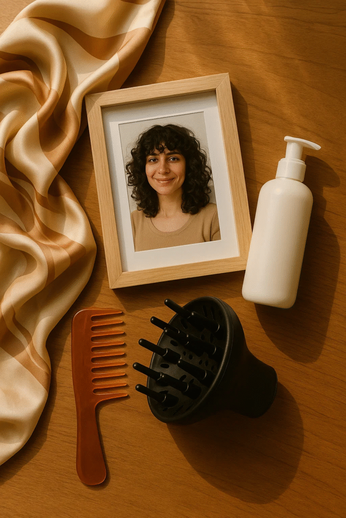 Flat lay of curly hair styling products and framed photo of shoulder length curls with bangs