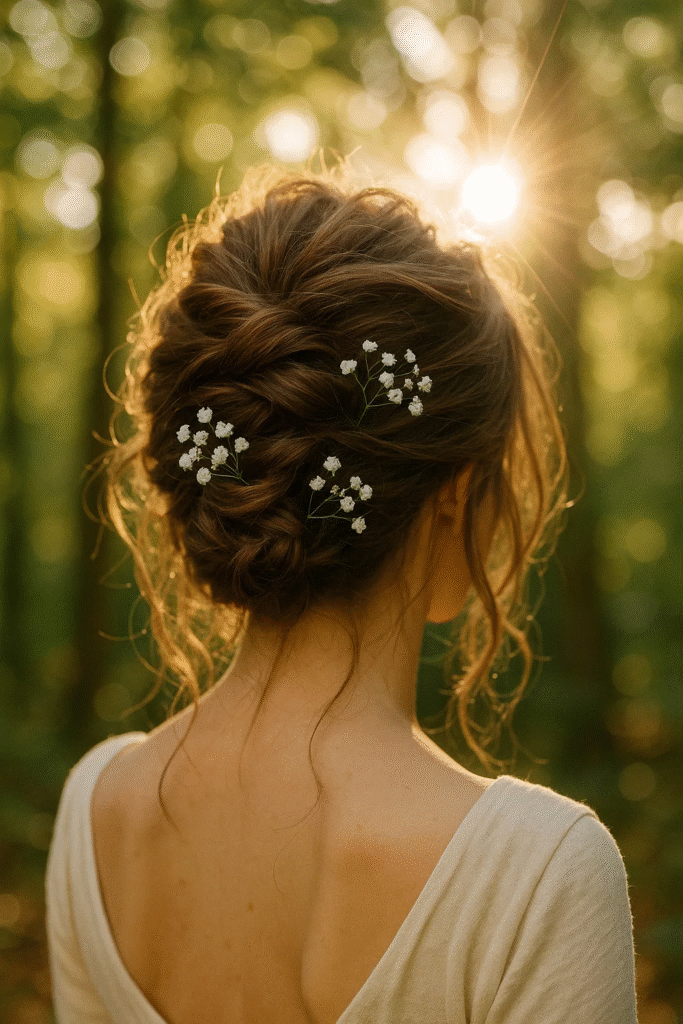 Messy French twist wedding hairstyle with baby’s breath flowers