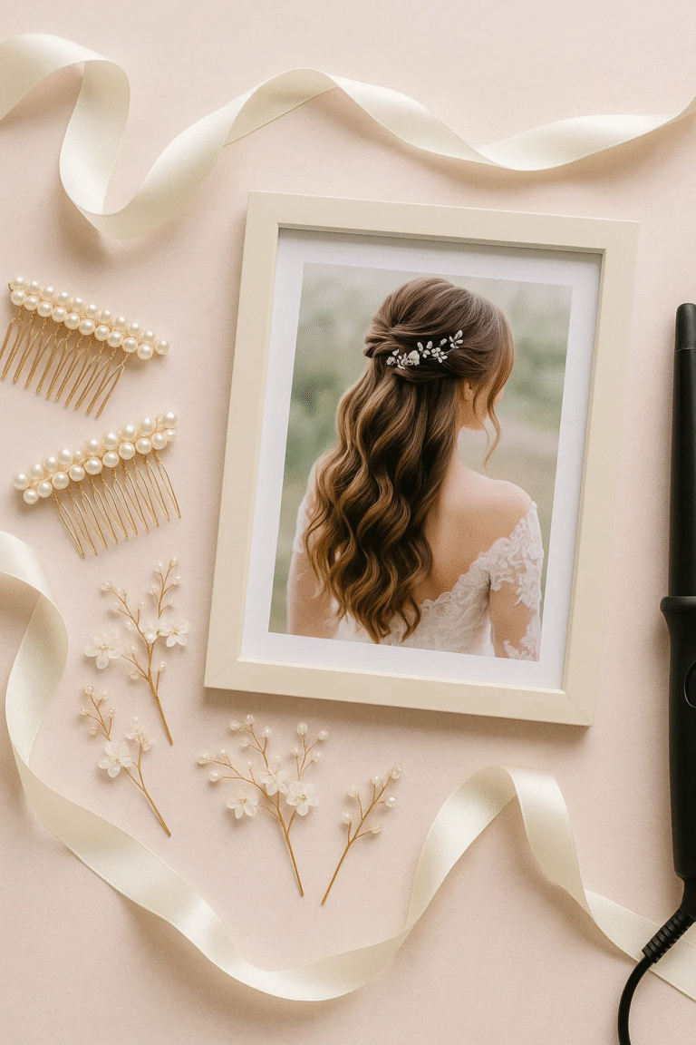 Flat lay of bridal half-up hairstyle accessories and framed bride photo