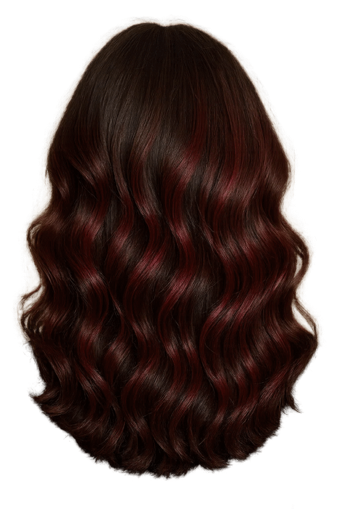 Glossy cherry balayage on medium brown curly hair