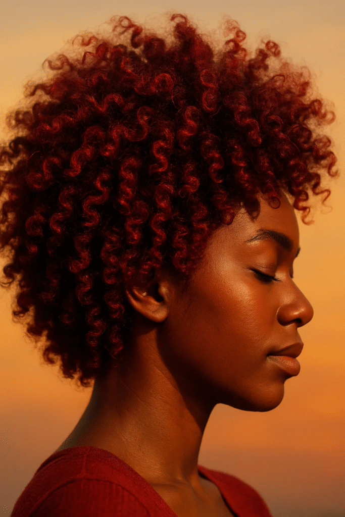 Natural curly hair with cherry cola red color