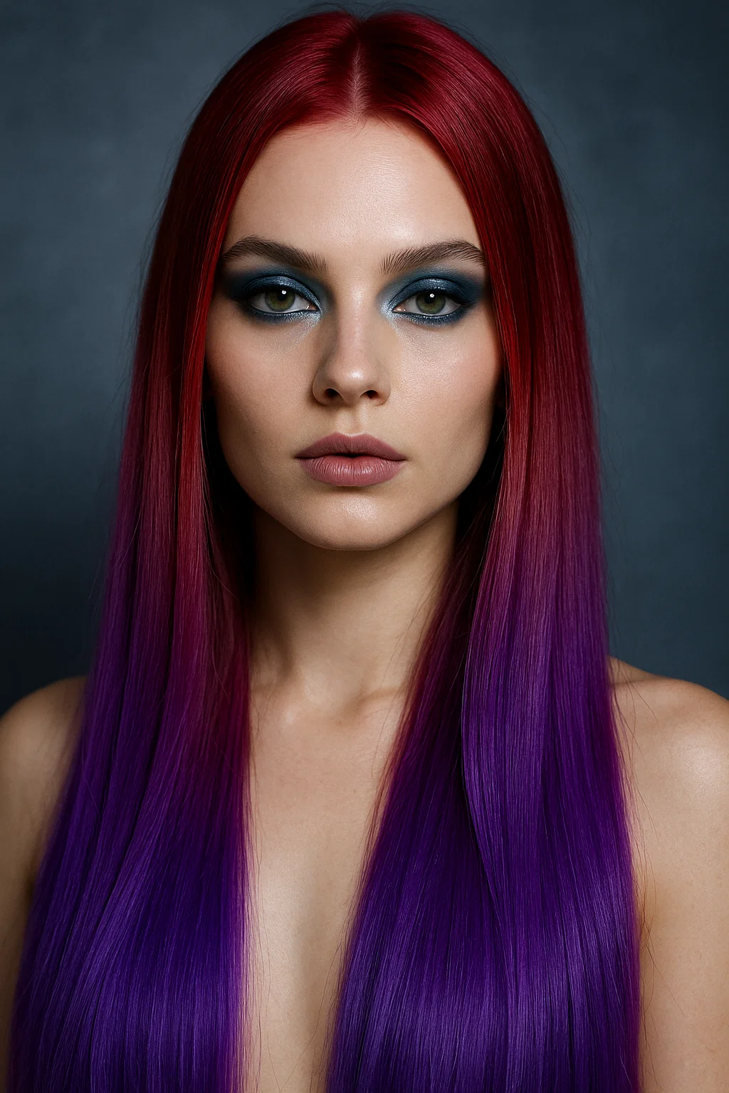 Cherry to violet ombré hair on straight hair