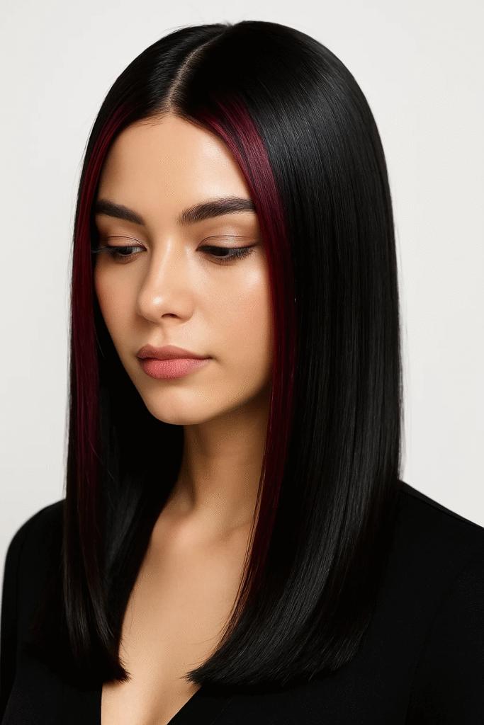 Cherry cola highlights on jet black straight hair