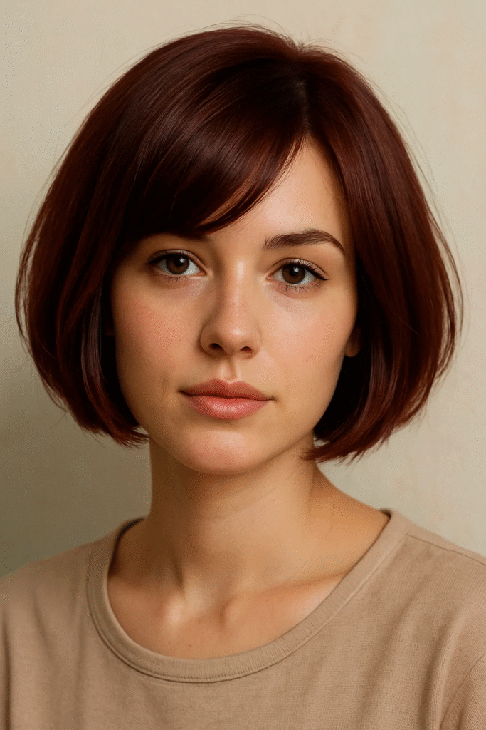 Cherry cola bob hairstyle with side-swept bangs