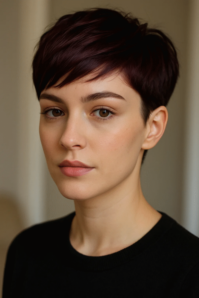 Dark cherry cola pixie cut on short hair