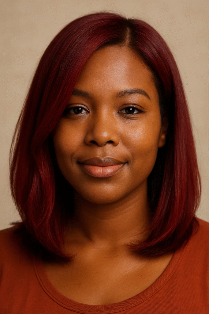 Relaxed straight hair in warm cherry cola color