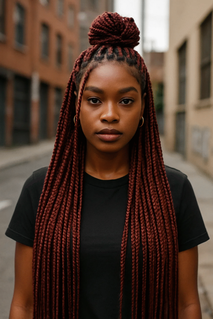 Cherry cola colored box braids in half-up style