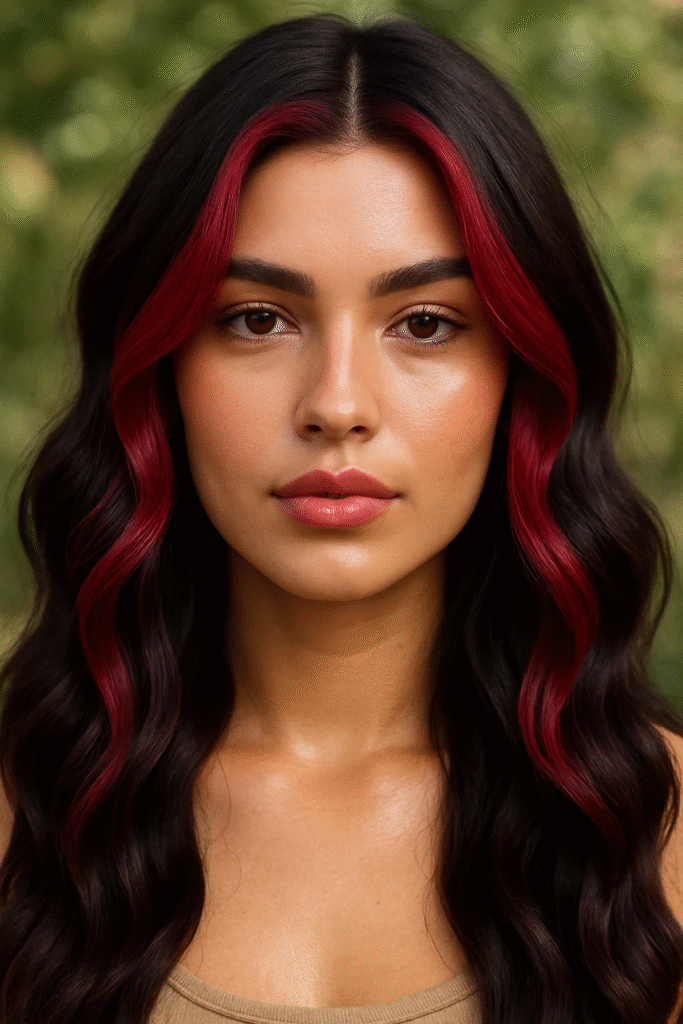 Brunette hair with cherry cola money piece highlights