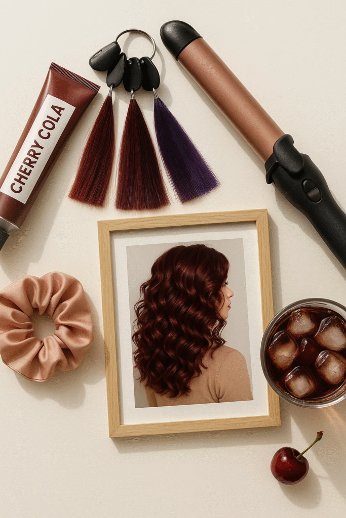 Flat lay of cherry cola hair dye, tools, and inspiration for cherry cola hair color