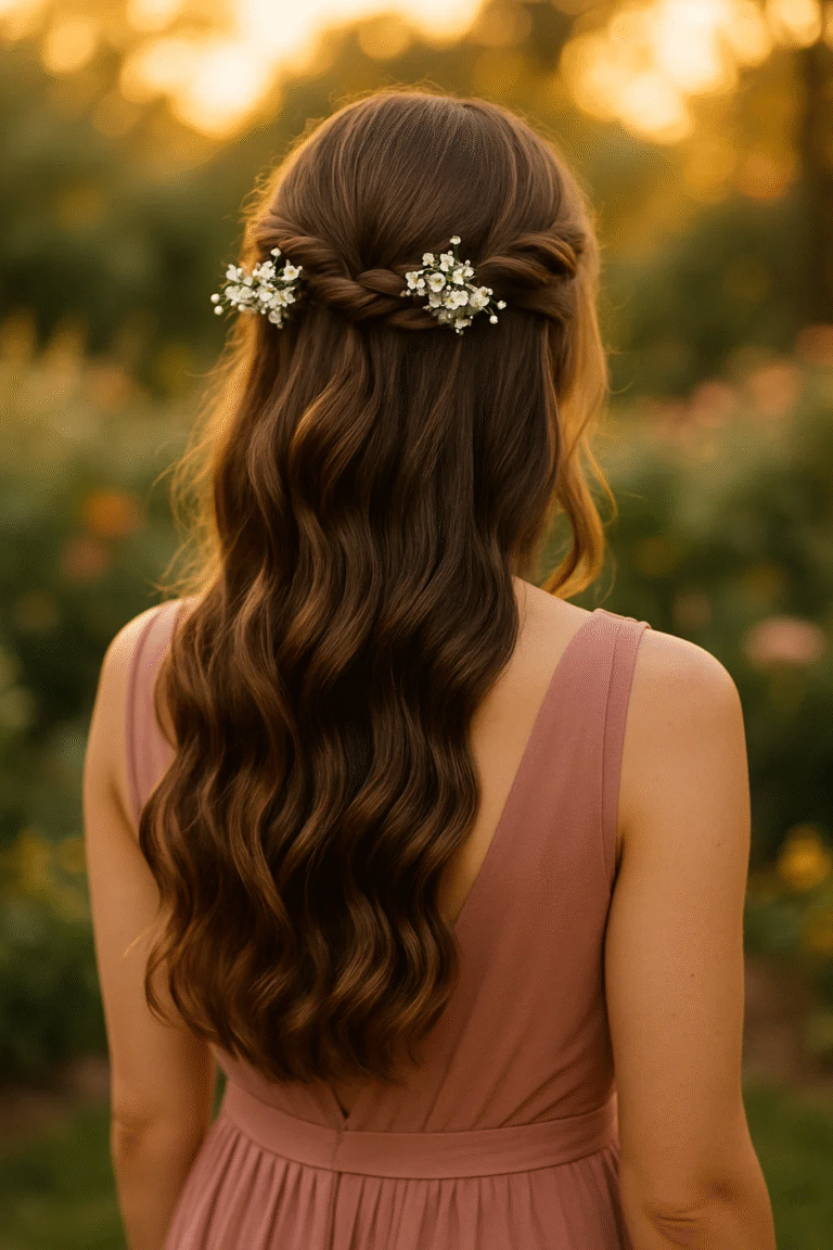 Twisted crown half up bridesmaid hairstyle with flowing waves