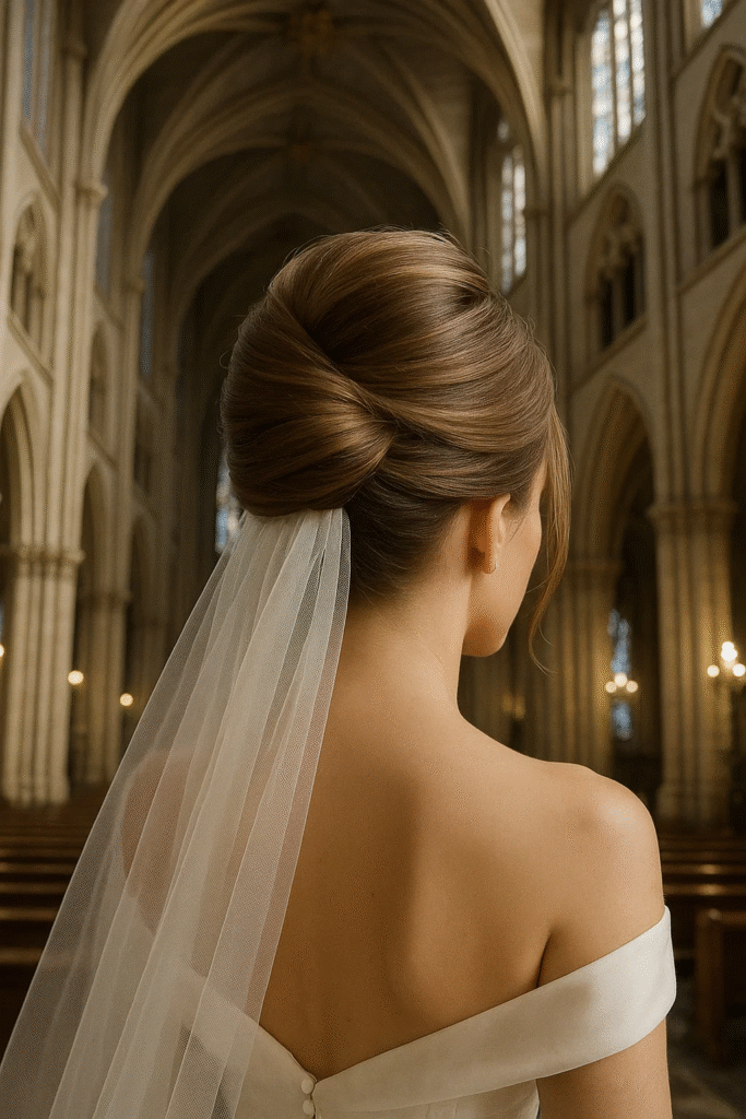 Classic bridal French twist with veil placement
